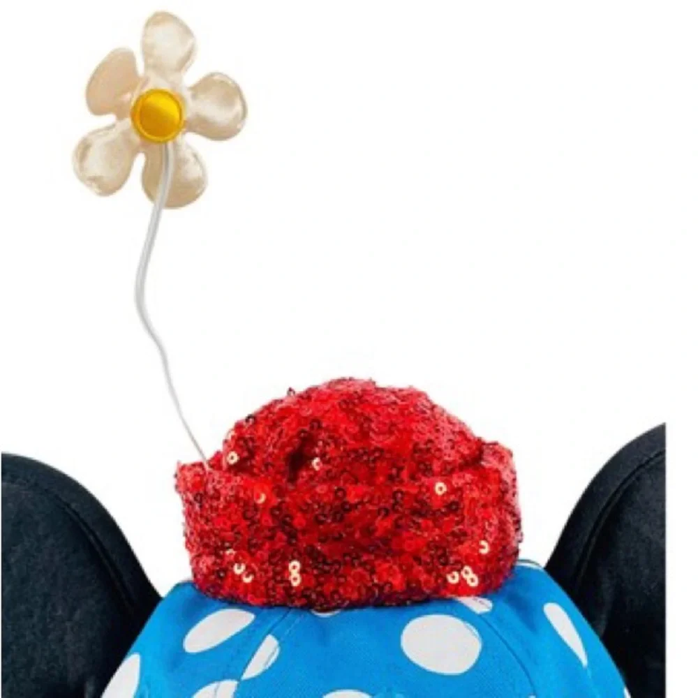 Disney Parks Hat Minnie Mouse Blue White Polka Dots Ears Red Sequin Daisy Flower